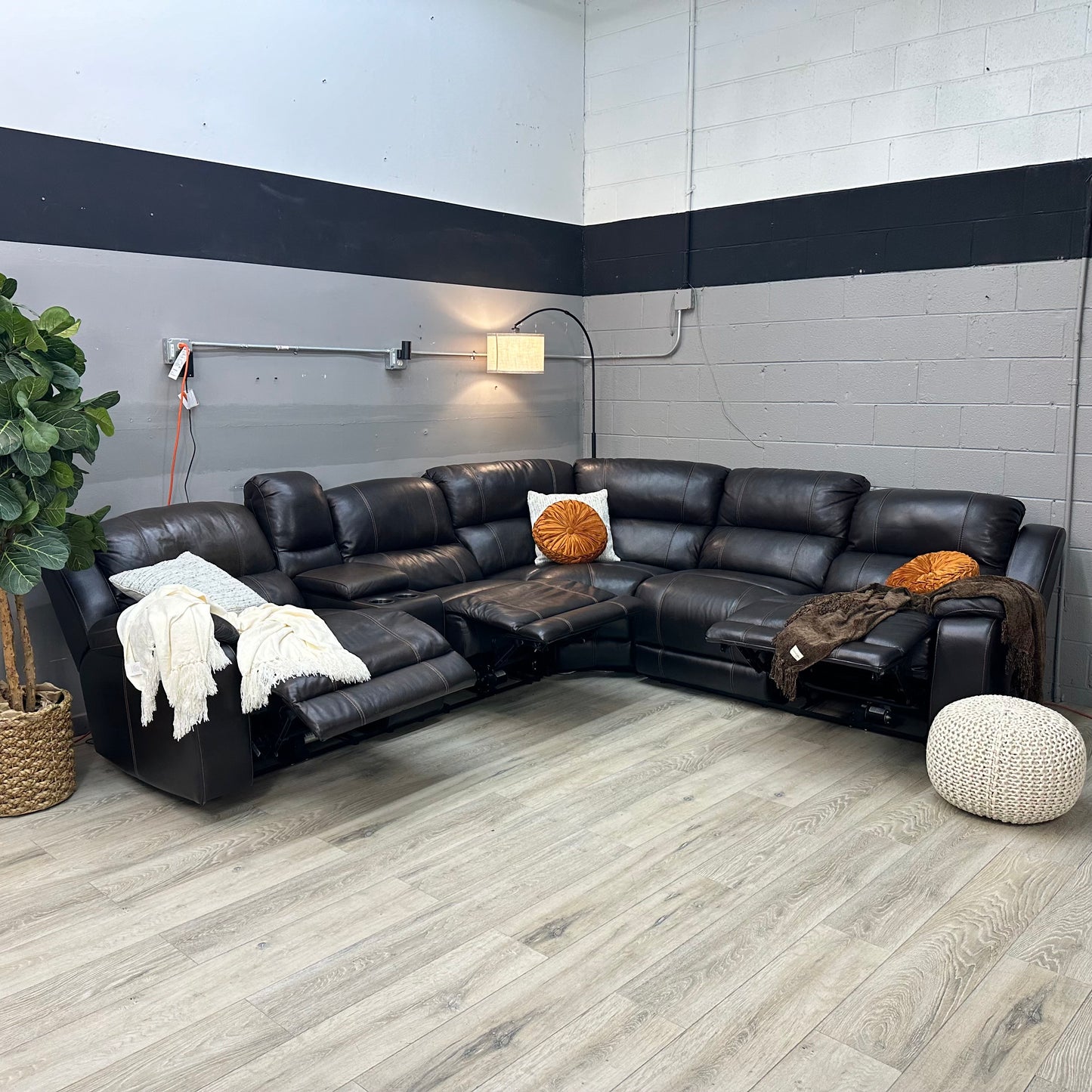 Dunhill 3-piece Leather Power Reclining Sectional Power Headrest, Dark Brown