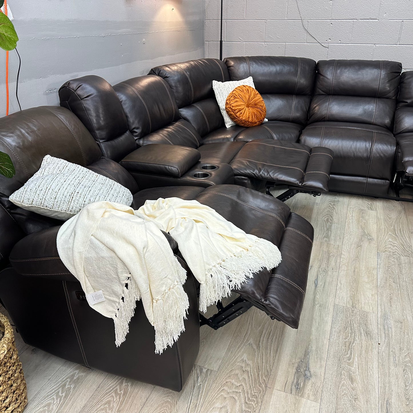 Dunhill 3-piece Leather Power Reclining Sectional Power Headrest, Dark Brown